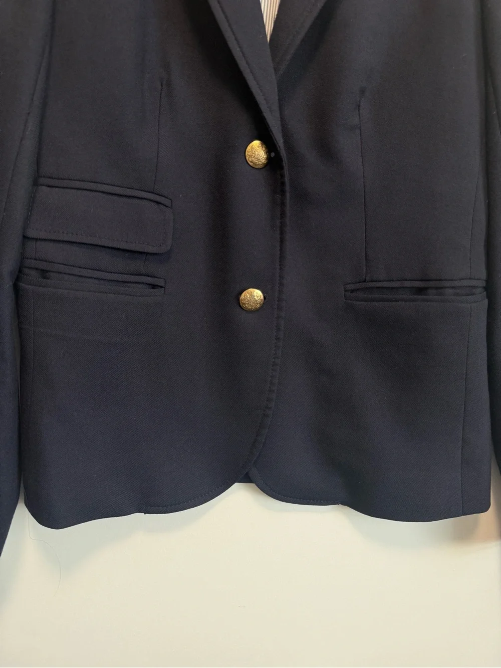 J. CREW Schoolboy Stretch Wool Blazer Size 4 Navy Blue Gold Buttons Lined